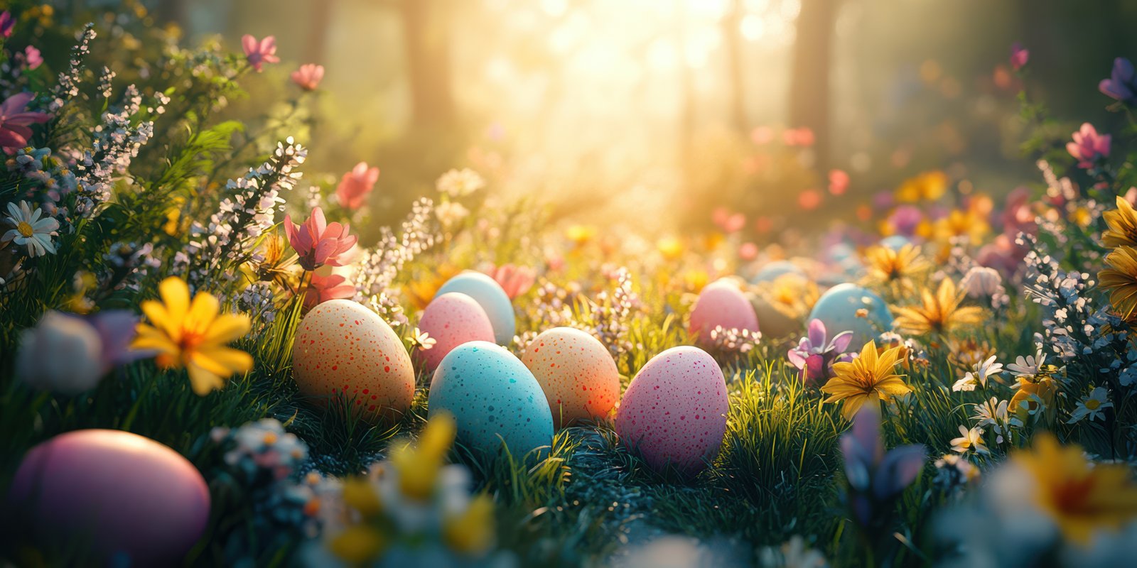 Colorful Easter eggs nestled among blooming flowers in a sunlit forest